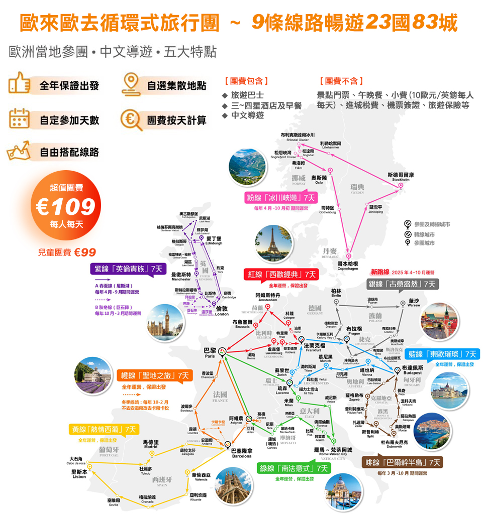 歐來歐去循環式旅行團 9條線路暢遊23國83城